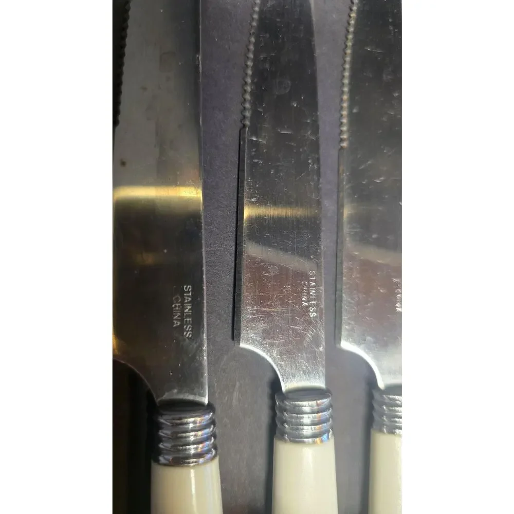 China Pearl Apple Handle Steak Knives Set Of 7 Stainless Kitchen Flatware